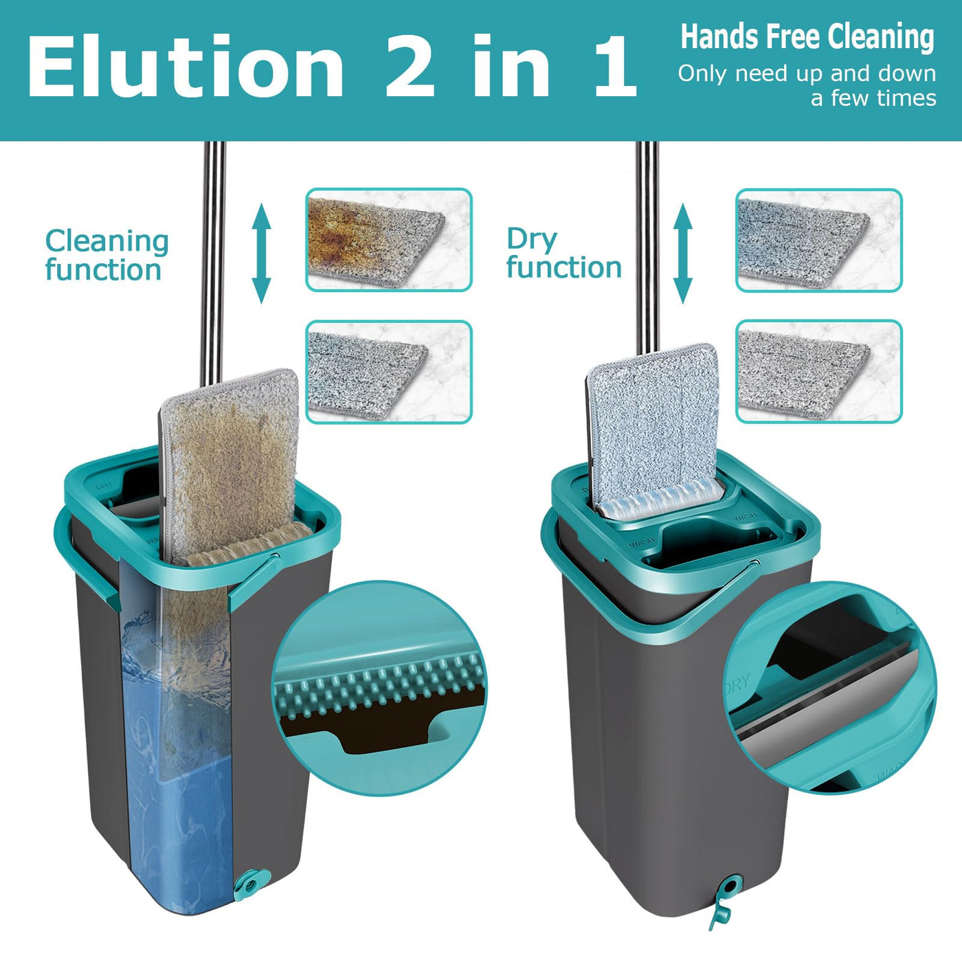 Masthome Wischmopp Set mit Eimer, Putzeimer mit Wischmop mit 6 Wischpads,Bodenwischer mit Auswringfunktion,Flachmopp und Putzeimer Set für Bodenreinigung Hartholz, Fliesen, Laminat - Grau+Blau