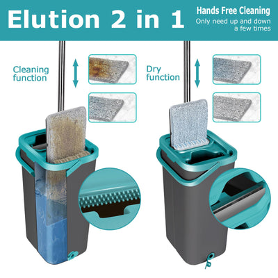 Masthome Wischmopp Set mit Eimer, Putzeimer mit Wischmop mit 6 Wischpads,Bodenwischer mit Auswringfunktion,Flachmopp und Putzeimer Set für Bodenreinigung Hartholz, Fliesen, Laminat - Grau+Blau