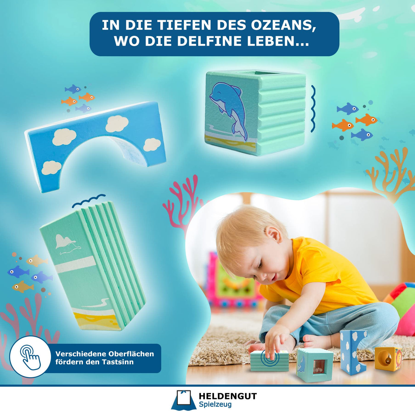 HELDENGUT® ‘Um-Die-Welt’ Klangbausteine für Babys - Baby Bausteine aus hochwertigem Bauklötze Holz - Pädagogisches Montessori Spielzeug Baby ab 1 Jahr für Mädchen & Junge