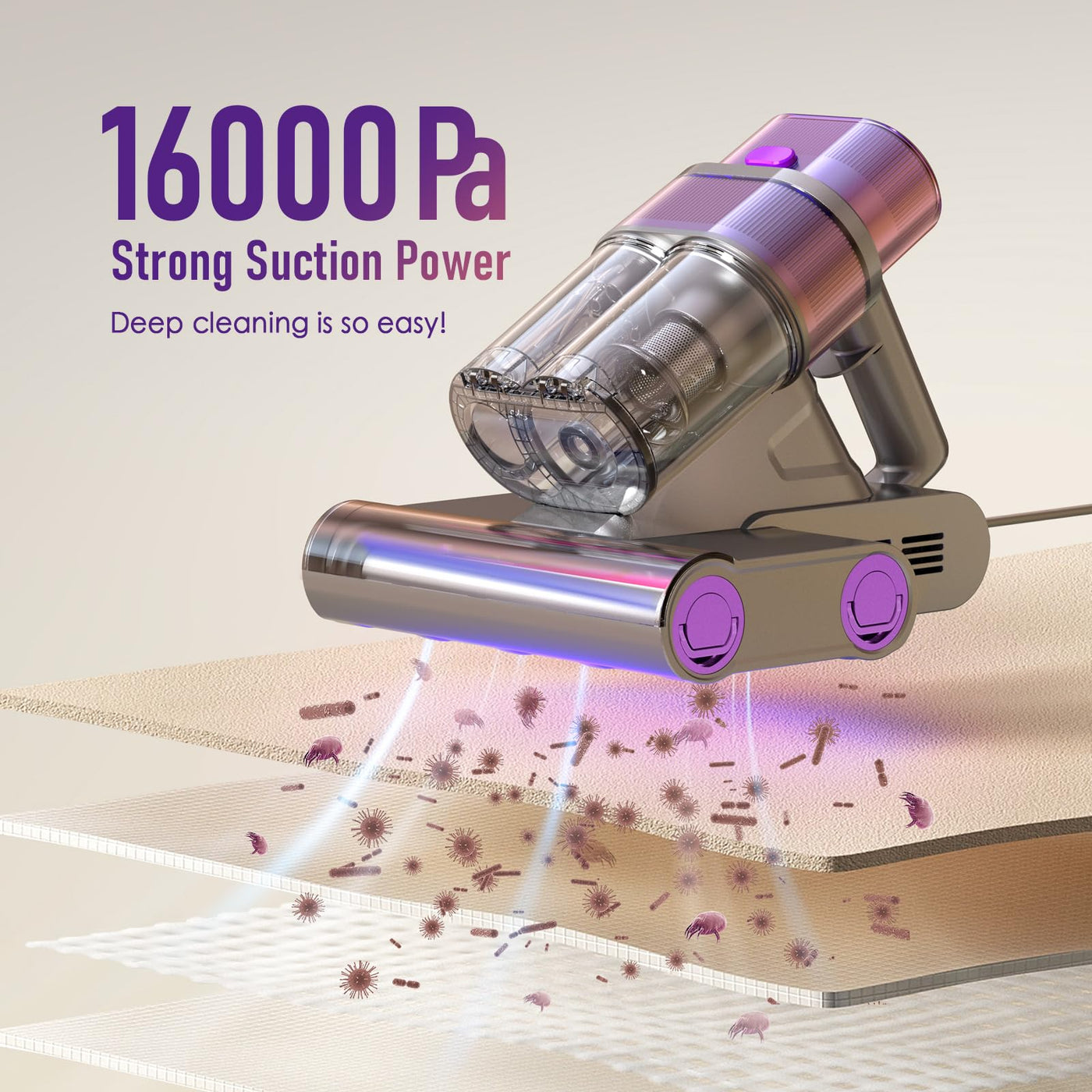 Homuserr Milbensauger für Matratzen, mit UV-Licht 500W, 16kpa Matratzensauger mit LED Anzeige, Doppelrollenbürste/Doppeldüsen-Milbensauger mit Ultraschall für Matratzen, Kissen, Sofas, Teppiche