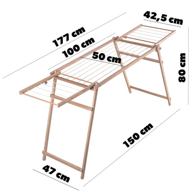 KADAX Holzwäscheständer, 177 cm Trockenlänge, klappbarer Standtrockner, Wäschehalter aus Holz, Wäschetrockner, Flügelwäscheständer, Faltwäscheständer (H: 80 cm, Braun)
