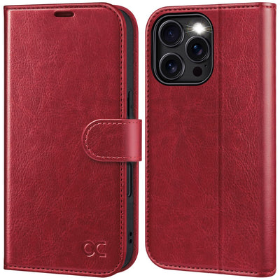 OCASE iPhone 16 Pro Max Hülle Handyhülle Premium PU Leder, Kartenfach Standfunktion, RFID Rohutzhülle Klapphülle Handytasche Lederhülle Kompatibel für iPhone 16 Pro Max (6,9 Zoll) Rot