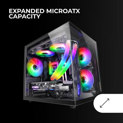 Mars Gaming MC-View Schwarz, Micro-ATX Mini Gaming Tower Gehäuse, 90° Gehärtetes Glas ohne Rahmen, Modulares Doppelkammer-Design, Volle Unterstützung für Flüssigkeitskühlung