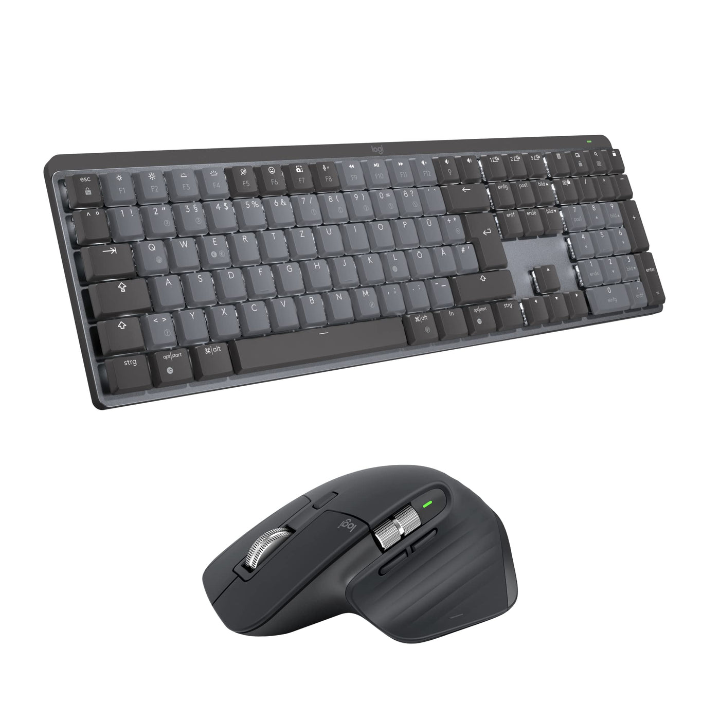 Logitech MX Mechanical kabellose beleuchtete Tastatur Standardgröße Linear, MX Master 3S kabellose Hochleistungs-Bluetooth-Maus, macOS, Windows, Linux, iOS, Android, DEU QWERTZ - Grau