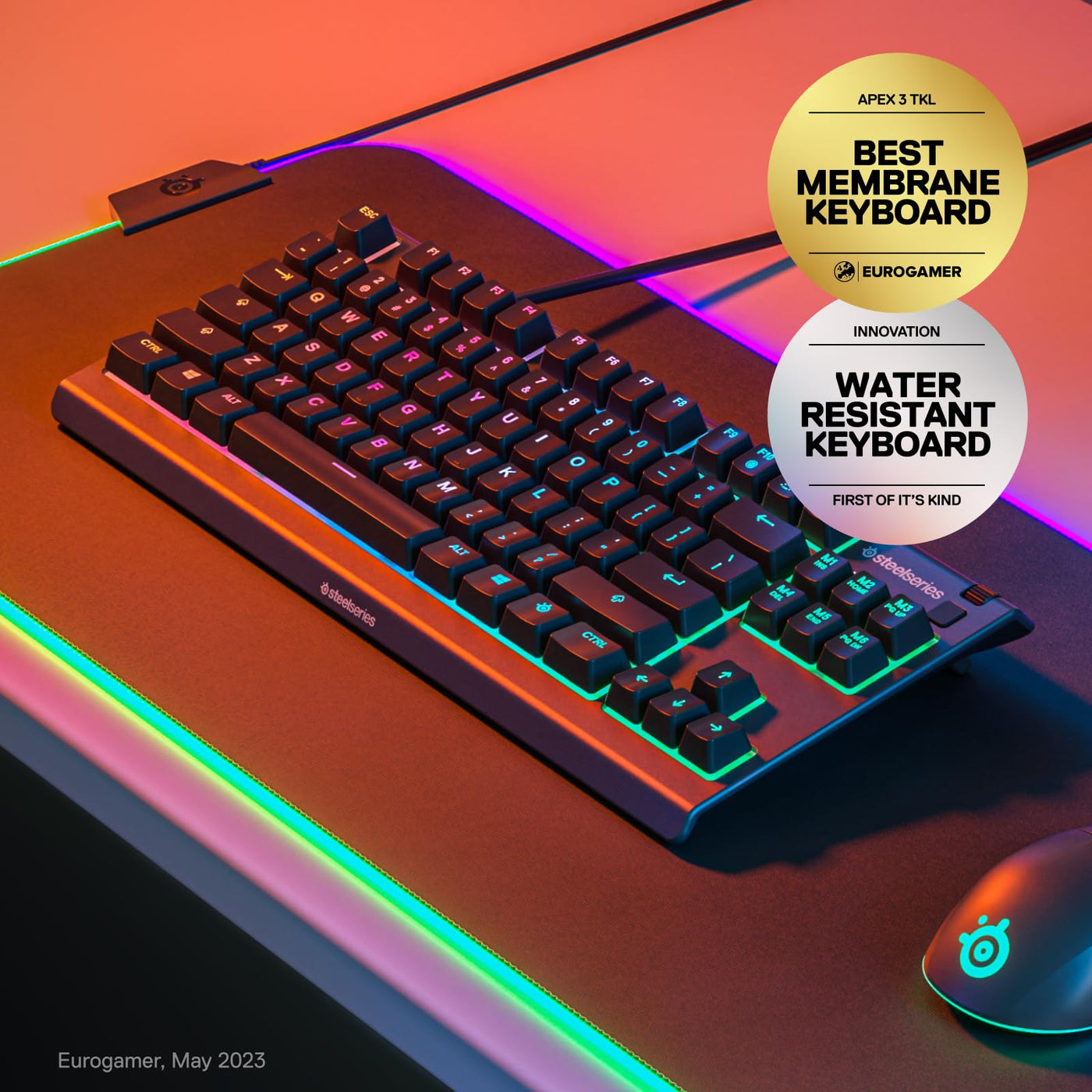 SteelSeries Apex 3 TKL RGB Gaming Tastatur - Tenkeyless Compact Formfaktor - 8-Zonen RGB Beleuchtung - IP32 Wasser- & Staubabweisend - Flüsterleiser Gaming Switch - Gaming Grade Anti-Ghosting