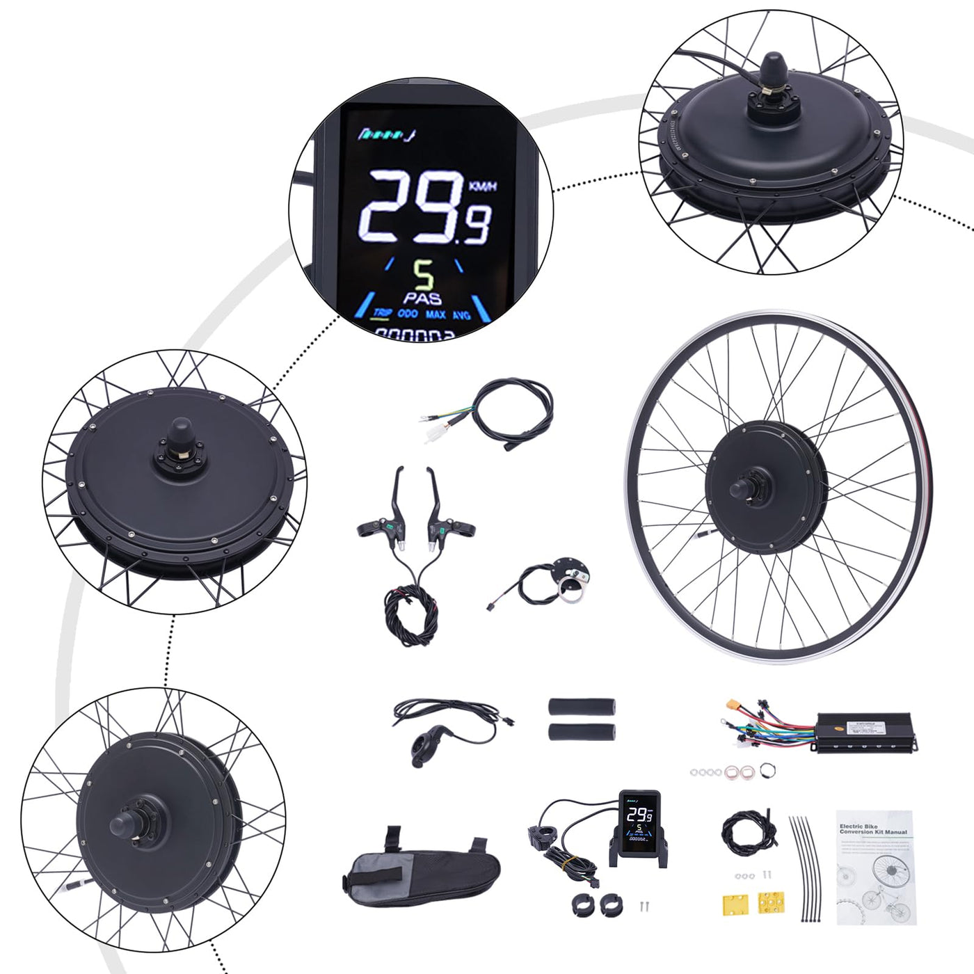 SABUIDDS 28"/29"/700C 48V 1000W E-Bike Umbausatz Ebike Nachrüstsatz DIY E-Bike mit LCD Display Electric Bicycle Umbausatz für V-Brake Scheibenbremse Vorderrad Bike (für HL Plus 48V 13Ah Akku)