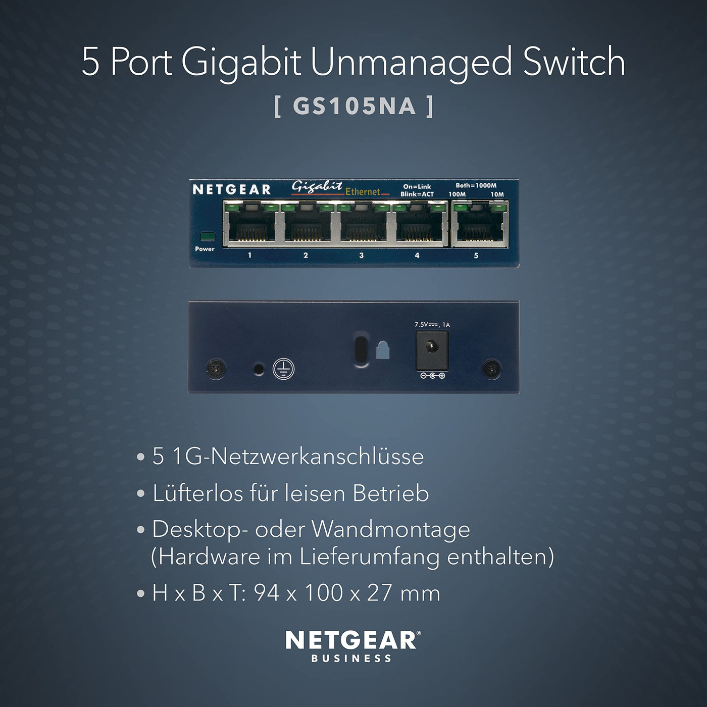 NETGEAR GS105GE LAN Switch 5 Port Netzwerk Switch (Plug-and-Play Gigabit Switch LAN Splitter, LAN Verteiler, Ethernet Hub, lüfterloses Metallgehäuse, ProSAFE Lifetime-Garantie), Blau