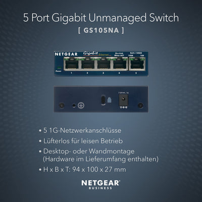 NETGEAR GS105GE LAN Switch 5 Port Netzwerk Switch (Plug-and-Play Gigabit Switch LAN Splitter, LAN Verteiler, Ethernet Hub, lüfterloses Metallgehäuse, ProSAFE Lifetime-Garantie), Blau