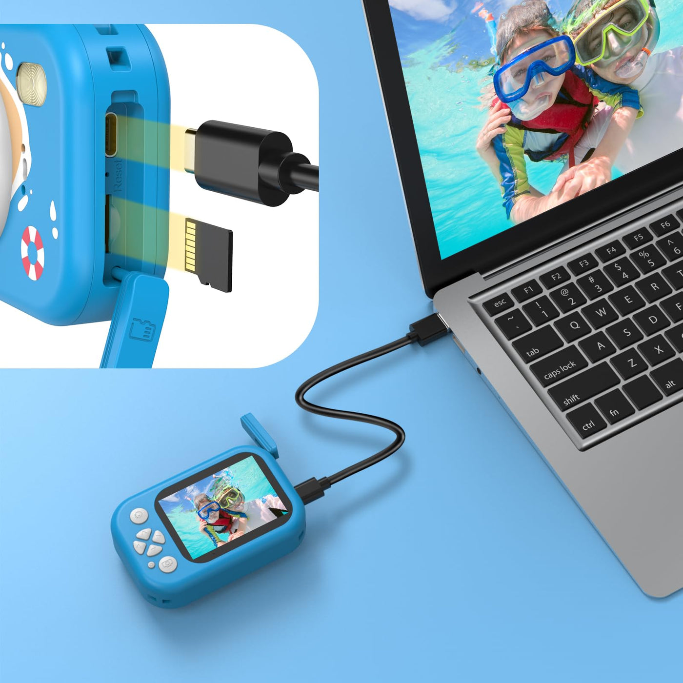 wasserdichte Kamera für Kinder, 48MP 1080P Kinderkamera Digitalkamera Unterwasser Kamera Kinder mit 2,4 Zoll Bildschirm 32GB-Karte Notfall-LED-Blitz, Geschenk für 3-12 Jahre Mädchen Jungen,Blau