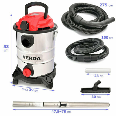 Verda Nass- und Trockensauger 1650W Industriesauger + Steckdose + Wasserablass + Blasfunktion Aschesauger für Kamin und Pelletofen 25 Liter Metallbehälter Edelstahltank [SN196]