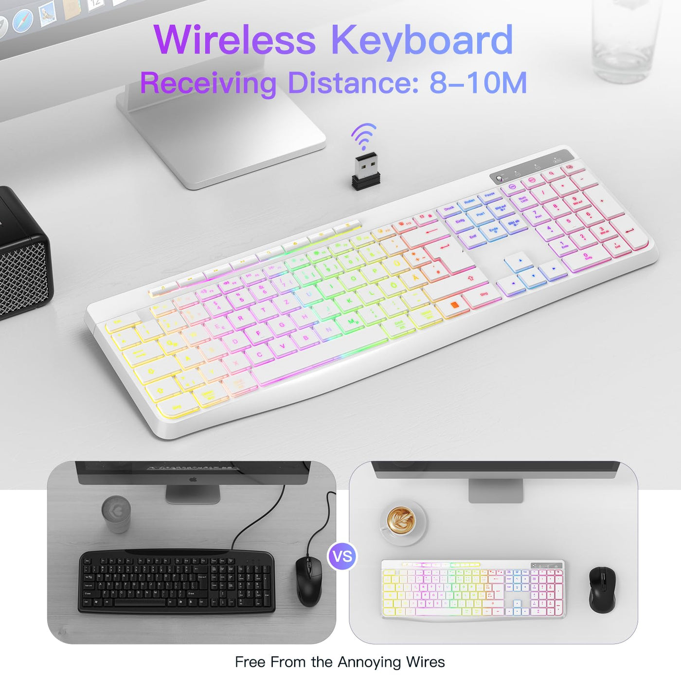 TECURS Tastatur Kabellos Gaming – Leise Tastatur QWERTZ Beleuchtete Ergonomische wasserdichte 2,4 GHz LED-Tastatur für Windows/Mac/PS4/Xbox mit Multimedia-Tasten Weiß