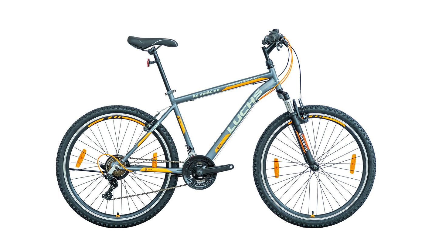 LUCHS "Kaku & Titan Mountainbike, MTB Jungen und Herrenfahrrad Vielseitiges Fahrrad mit 24", 26", 27.5" oder 29" und Federgabel (Silber/Orange, 24" Zoll (V-Brake))