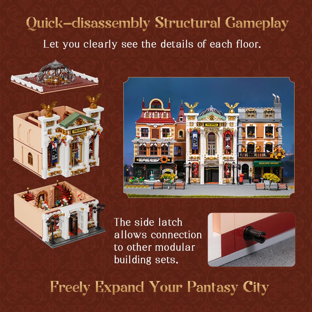 PANTASY Vintage Europäisches Grand Theater Bauset Modulares Modell mit Kristalllüster, Transparentem Dom Erweiterbarer Straßenszene, Retro-Sammlertheater Architektur für Erwachsene
