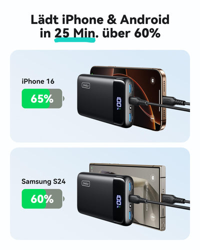 INIU Power Bank, 20000mAh 22.5W Klein Schnellladefunktion Powerbank 1 USB-C, 2 USB-A Mini Externe Handyakkus LED Display, Akkupack für iPhone 16 15 14 13 Xiaomi Samsung iPad Travel Camping Outdoor