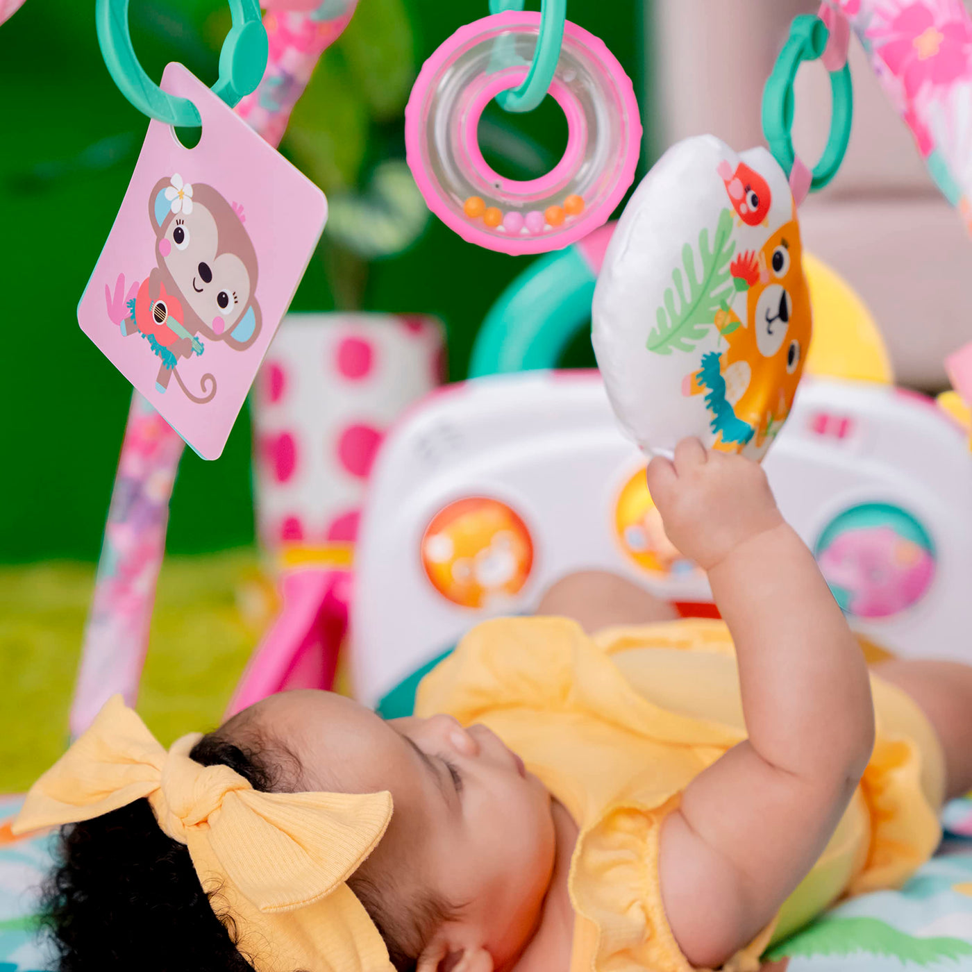 Bright Starts, 4-in-1 Groovin’ Kicks Piano and Drum Activity Gym Play Mat, Detachable Toys, Languages, Lights, Sounds and Music, Newborn and up - Floral Fiesta