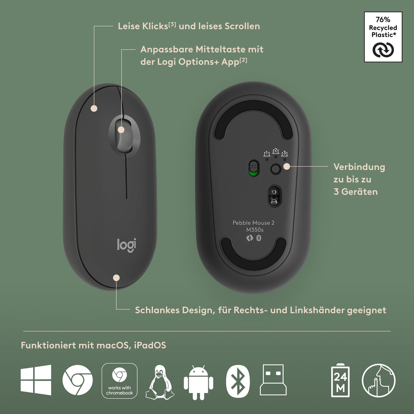 Logitech Pebble 2 Combo, kabellose Tastatur und Maus, leise und mobil, anpassbar, Logi Bolt, Bluetooth, Easy-Switch für Windows, macOS, iPadOS, Chrome, Deutsches QWERTZ-Layout, Grafit