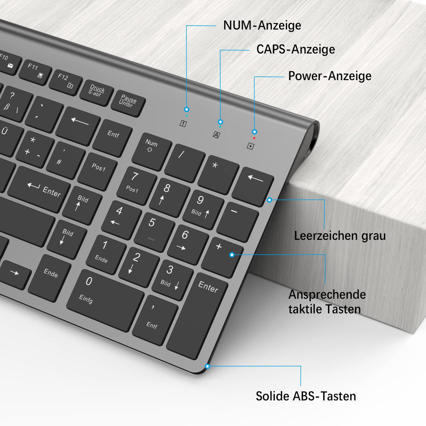 JOYACCESS Tastatur Maus Set Kabellos, 2.4G Ultra-Dünne Funktastatur mit Maus, QWERTZ Layout (Deutsch), Ergonomische Keyboard Mouse für Computer/Desktop/PC/Laptop/Windows 10/8/7, Schwarz und Grau