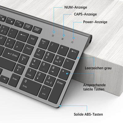 JOYACCESS Tastatur Maus Set Kabellos, 2.4G Ultra-Dünne Funktastatur mit Maus, QWERTZ Layout (Deutsch), Ergonomische Keyboard Mouse für Computer/Desktop/PC/Laptop/Windows 10/8/7, Schwarz und Grau