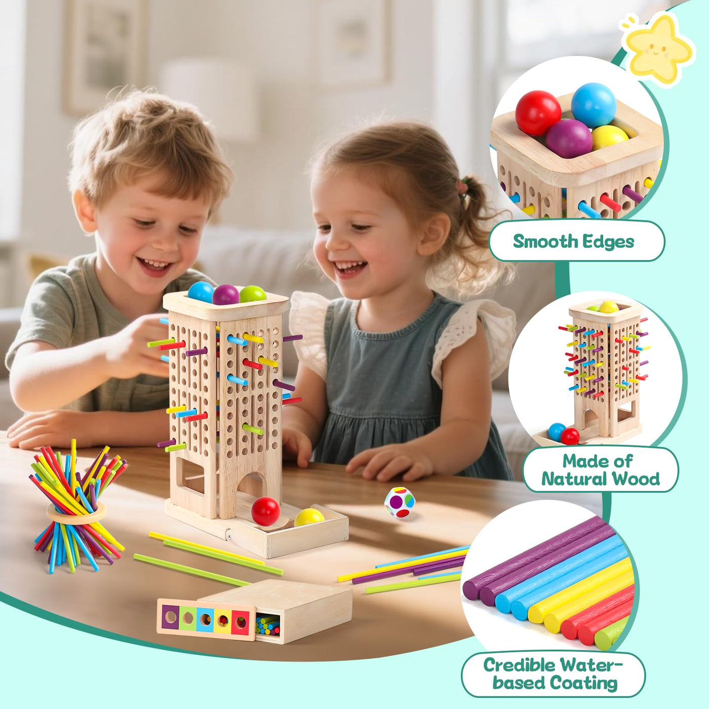 Akokie Montessori Spielzeug ab 3 Jahre Spiele ab 3 4 5 Jahren 3-IN-1 Brettspiele Lernspiele ab 4 Jahre mit 40 Holzstäbe, Aufbewahrungsbox Klassifizierung Farblernturm Kinderspiele Reisespiele Kinder