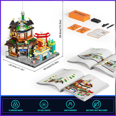 FUNWHOLE Cyberpunk Japanisches Izakaya Licht-Baustein Set – 1987 Teile Modularer Cyberpunk Neon-Stadt Zukunfts-Pub Japanische Straßenszene LED-Licht Modellset für Erwachsene und Sci-Fi-Fans