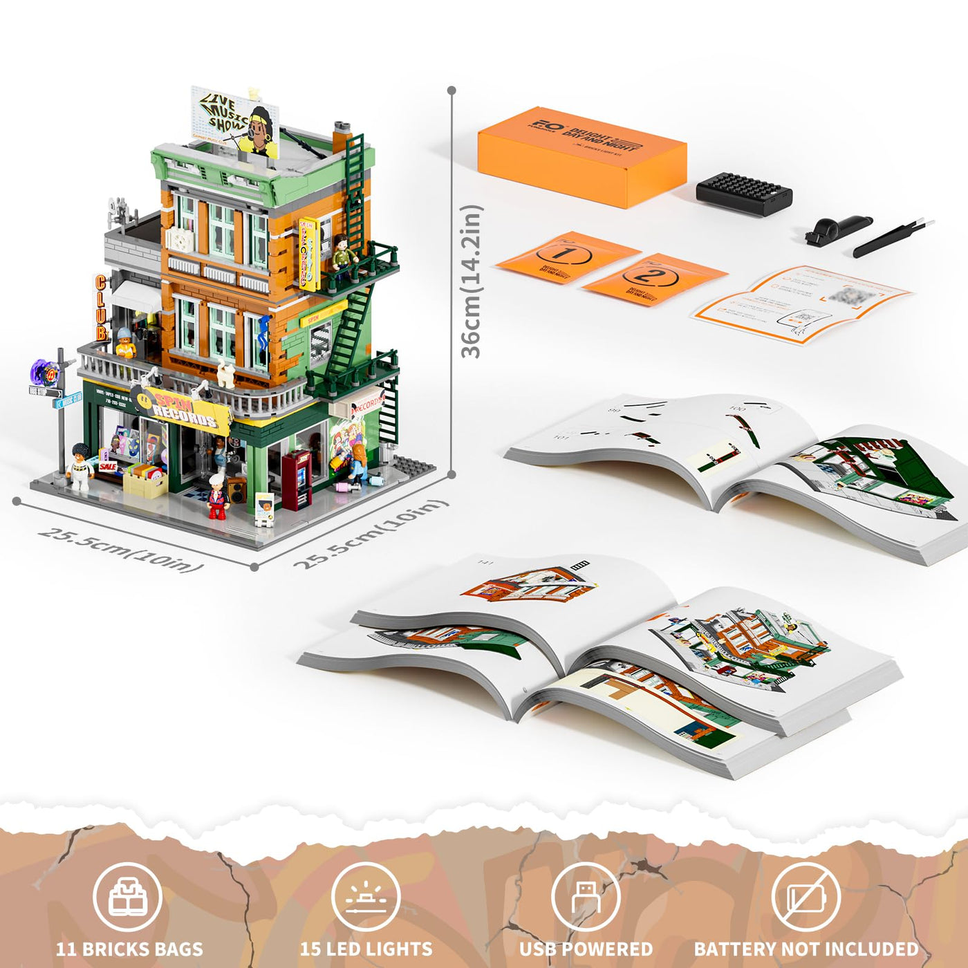 FUNWHOLE Plattenladen Beleuchtung Klemmbausteine Haus - 1980 Pcs Street Fusion Audio Shop, Multi-Form Modular Building Sammlung Kit für Erwachsene & Musikliebhaber,F9058