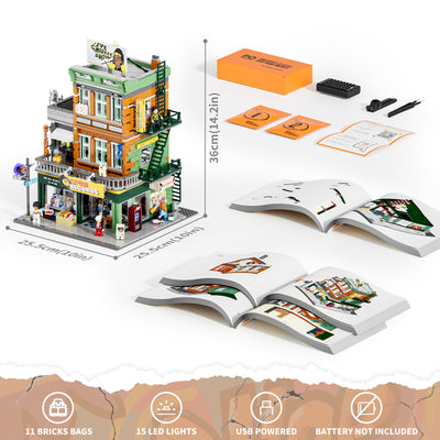 FUNWHOLE Plattenladen Beleuchtung Klemmbausteine Haus - 1980 Pcs Street Fusion Audio Shop, Multi-Form Modular Building Sammlung Kit für Erwachsene & Musikliebhaber,F9058