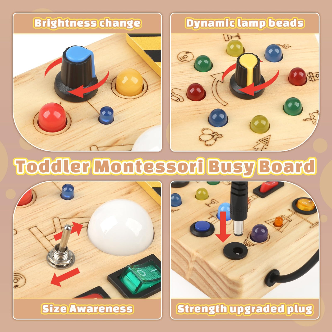 Baby Montessori Busy Board ab 2 Jahr, Motorikspielzeug mit 19 LED, Activity Board Holzspielzeug Lernspielzeug Sensorik Spielzeug, Geschenk Jungen und Mädch ab 2 3 4 Jahr
