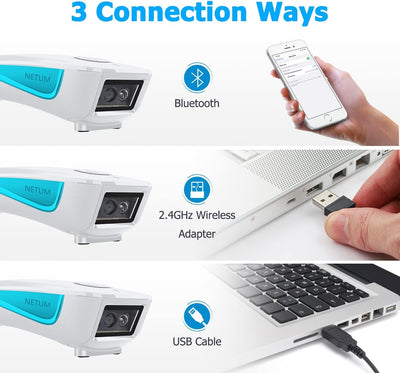 NETUM Upgrade Mini Wireless QR Barcode Scanner, 3 in 1 Bluetooth Tragbare Tasche Kleiner 1D 2D Strichcodeleser, Automatisch Schnelles, Präzises Scannen für POS, C850 Weiß