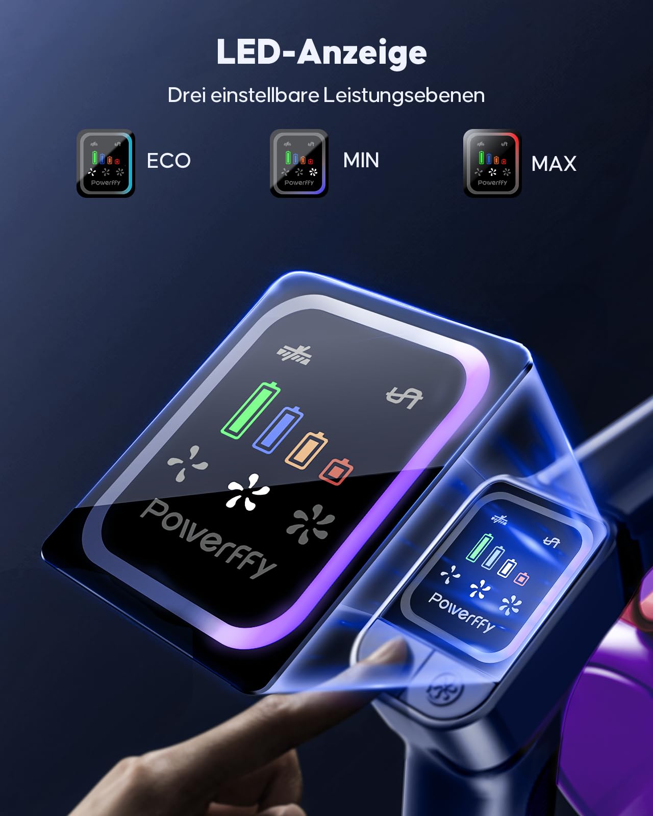 Powerffy Akku Staubsauger 550W/45KPa/60Min, Staubsauger Kabellos mit HD-Display, Aromatherapie, 1,8L-Staubbehälter, Akkustaubsauger grünem LED-Licht Bürste für Teppiche, Hartböden und Tierhaare