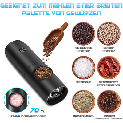 MILFECH Salz und Pfeffermühlen Elektrische 2er Set mit Wiederaufladbarer Basis, Einstellbarer Grobheit Gewürzmühle, Automatisches Mahlen, LED-Licht mit Reinigungsbürste für BBQ Restaurant Küche