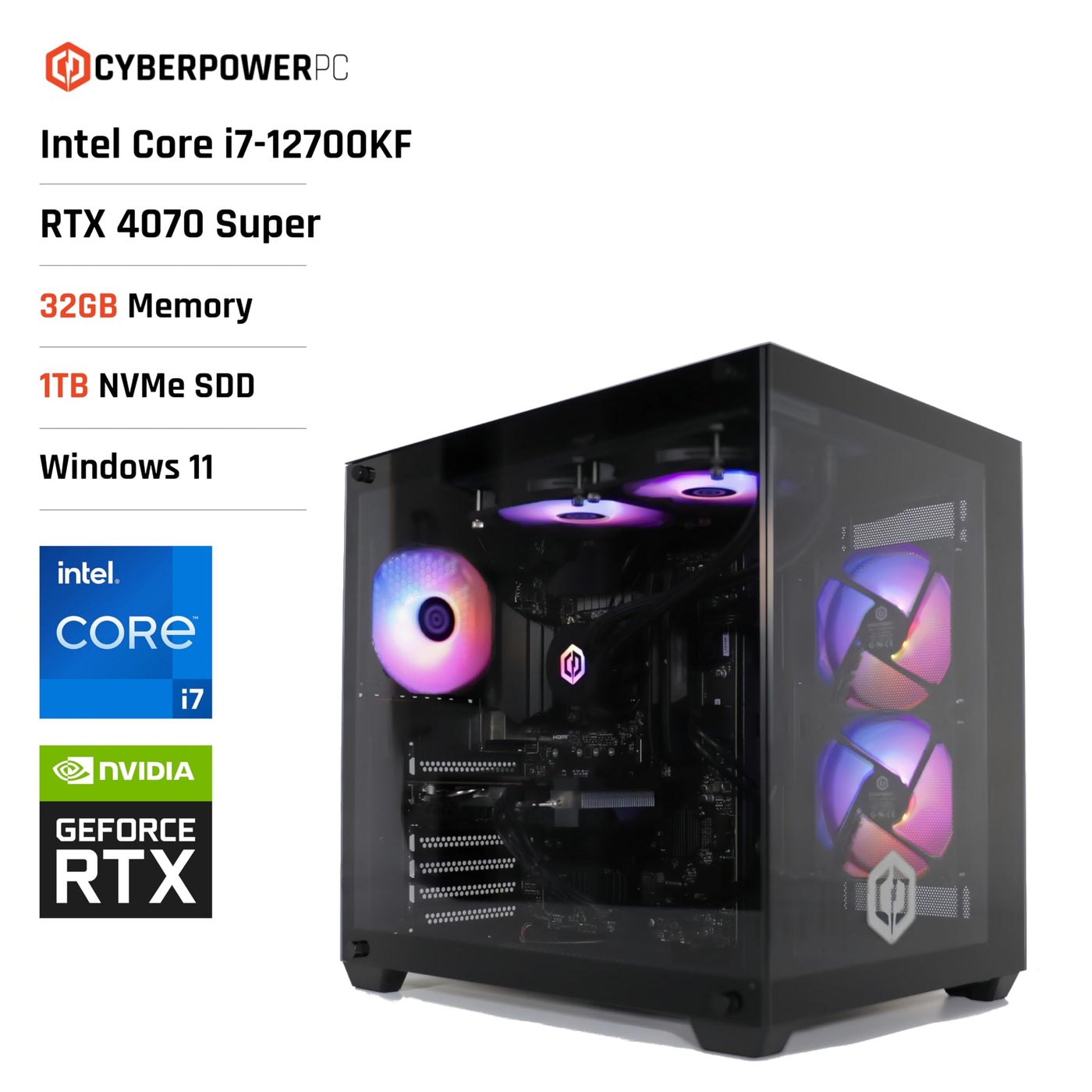 CYBERPOWERPC Luxe PC Gaming-PC - Intel i7-12700KF, Nvidia RTX 4070 Super 12GB, 32GB RAM, 1TB NVMe SSD, 650W PSU, Wasserkühlung, Windows 11, Ark RGB