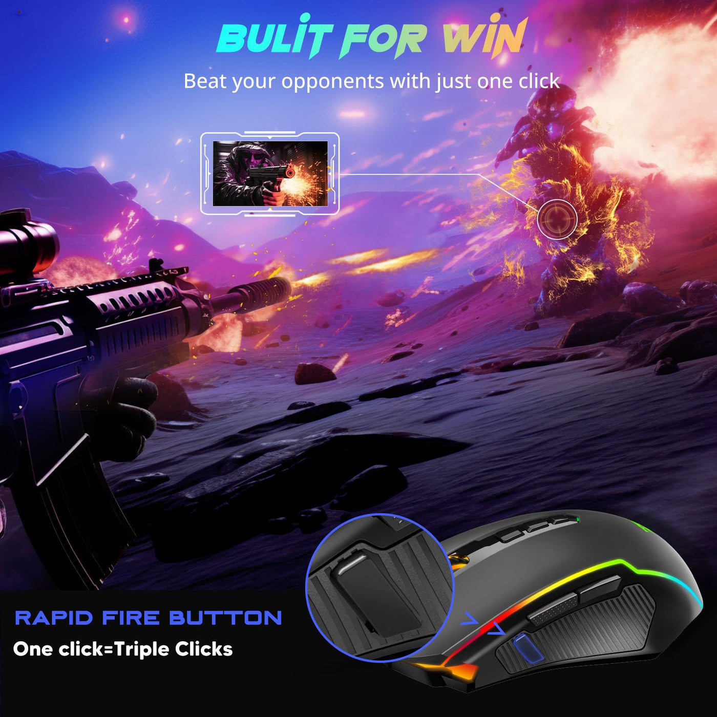 Redragon Gaming Maus Kabellose, RGB Wiederaufladbare Gaming-Maus mit 9 Macro Editing Programmierbare Tasten/8000 DPI, Ergonomische Wireless Gaming Maus, 70Hrs fur PC/Mac Gamer