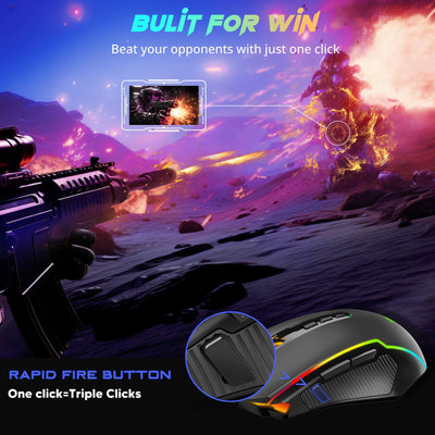 Redragon Gaming Maus Kabellose, RGB Wiederaufladbare Gaming-Maus mit 9 Macro Editing Programmierbare Tasten/8000 DPI, Ergonomische Wireless Gaming Maus, 70Hrs fur PC/Mac Gamer