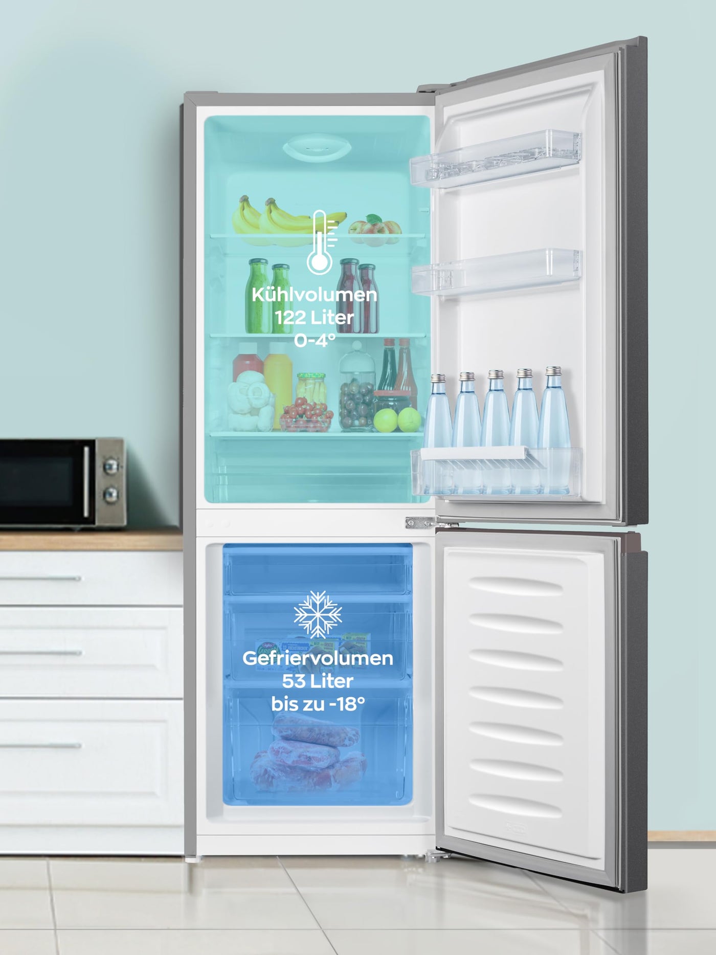 Heinrich´s Kühlgefrierkombination 175Liter, Kühlvolumen 122L, Gefrierfach 53L,LED Innenraumbeleuchtung, Kühlschrank Türanschlag wechselbar, leise 39dB,große Tiefkühlboxen, 7 Temperaturstufen,inox