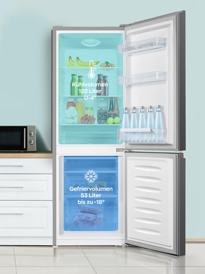 Heinrich´s Kühlgefrierkombination 175Liter, Kühlvolumen 122L, Gefrierfach 53L,LED Innenraumbeleuchtung, Kühlschrank Türanschlag wechselbar, leise 39dB,große Tiefkühlboxen, 7 Temperaturstufen,inox