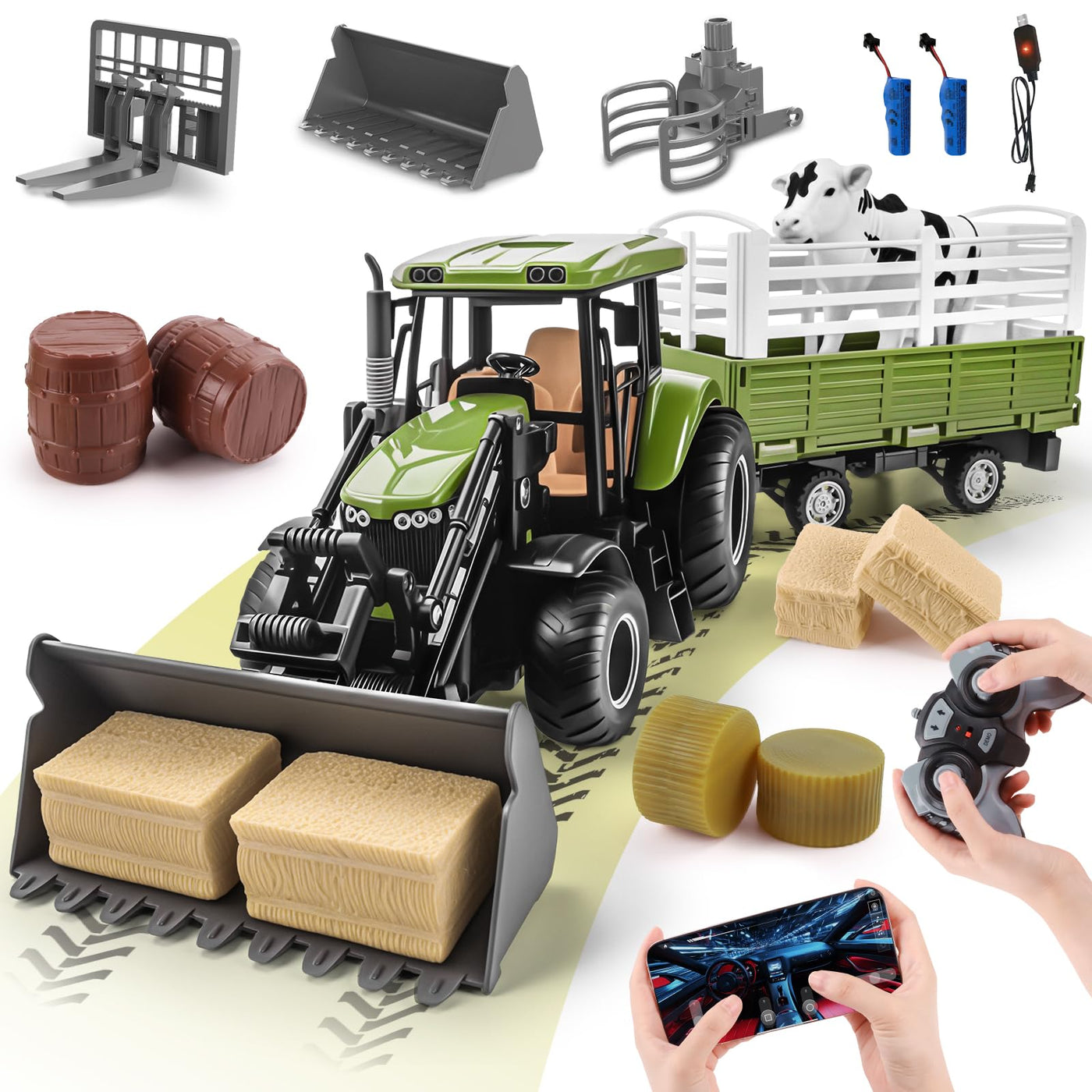 JONRRYIN Ferngesteuerter Traktor, 16 Stück Traktor mit Anhänger, 2.4 GHz Fernbedienung & App 2X Wiederaufladbare Batterien, 3X Fahrzeugfront, Kuh, Heuhaufen Bauernhof Spielzeug ab 4 5 6 7 8 9 Jahre