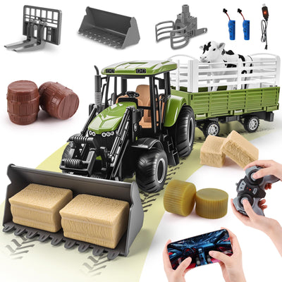 JONRRYIN Ferngesteuerter Traktor, 16 Stück Traktor mit Anhänger, 2.4 GHz Fernbedienung & App 2X Wiederaufladbare Batterien, 3X Fahrzeugfront, Kuh, Heuhaufen Bauernhof Spielzeug ab 4 5 6 7 8 9 Jahre