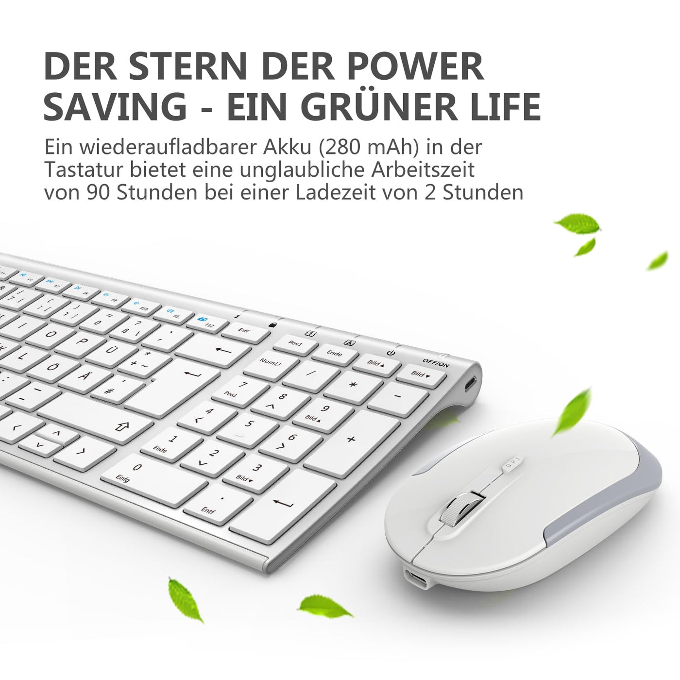 iClever Kabellos Tastatur Maus Set, Wiederaufladbare Kabellose Tastatur und Maus, QWERTZ Layout (Deutsch), Ultra Thin für Computer/Desktop/PC/Laptop/Windows 10/8/7, Weiß und Silber