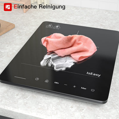 Induktionskochplatte, IsEasy Tragbares Induktionskochfeld 2100W,28cm Induction Hotplates, Kochfelder mit Stecker, 9 Heizstufen, 1-99Min Timer, Touch-Steuerung, Max/Min-Funktion, 220-240V