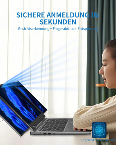 Laptop mit 3 Bildschirmen, 16" Hauptdisplay + 2x10,5", i7-12700H, 32GB RAM, 2TB SSD, Win 11 Pro, Wi-Fi 6, BT 5.2, Gesicht-/Fingerabdruck, deutsches QWERTZ-Layout, USB-C, HDMI