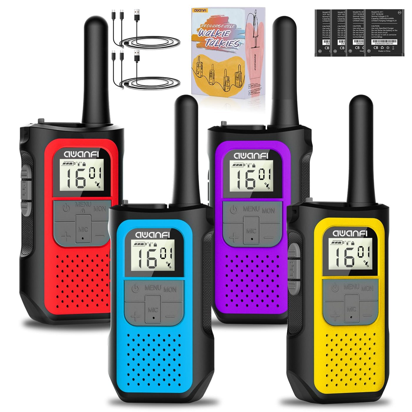 AWANFI Walkie Talkie 4er Set, Walkie Talkie Aufladbar für Erwachsene Kinder, 16 Kanäle Funkgeräte Set mit 1200mAh Li-ion Akku VOX, Walki Talki für Camping Wandern Geschenk