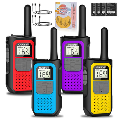 AWANFI Walkie Talkie 4er Set, Walkie Talkie Aufladbar für Erwachsene Kinder, 16 Kanäle Funkgeräte Set mit 1200mAh Li-ion Akku VOX, Walki Talki für Camping Wandern Geschenk