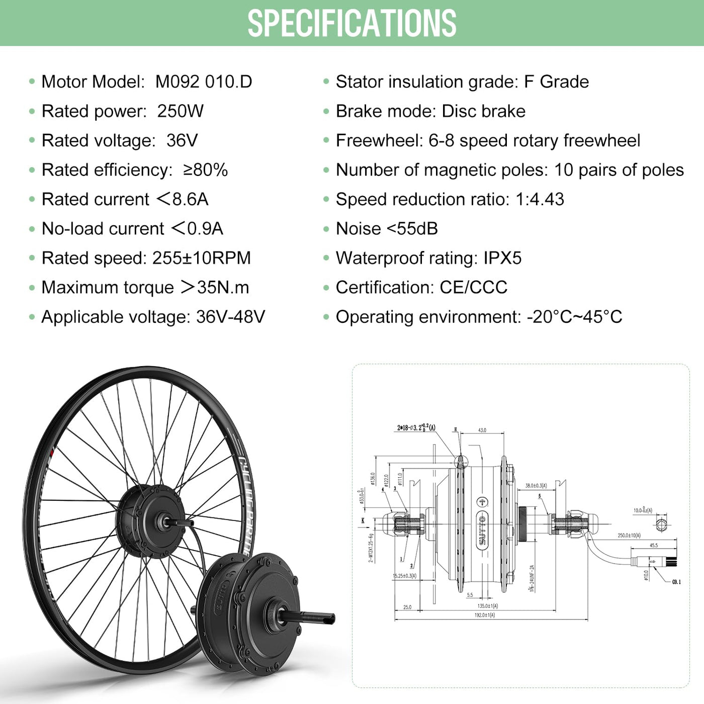 Varstrom 27,5 Zoll Ebike Umbausatz 36V 250W mit optionale Batterie und Display Elektrofahrrad Umbausatz mit 7-Gang Freilauf-Kassette für Freewheel Gearshife E-Bike Hinterrad Bürstenloser Motor