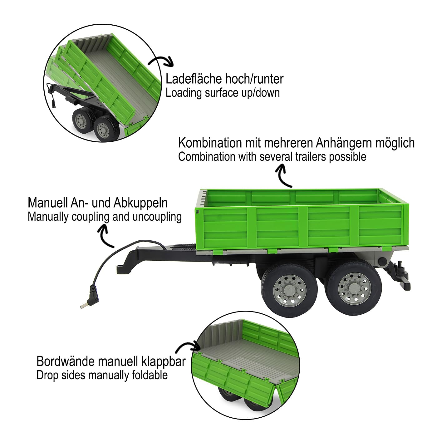 JAMARA 412412 - Kipper für Fendt 1050 - Ferngesteuerte Kippmulde hoch/Runter, Anhängerkupplung vorne, Klappbare Bordwände Bunt