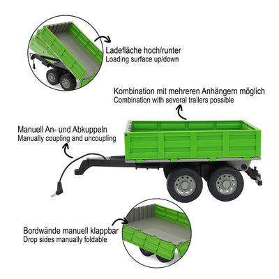 JAMARA 412412 - Kipper für Fendt 1050 - Ferngesteuerte Kippmulde hoch/Runter, Anhängerkupplung vorne, Klappbare Bordwände Bunt