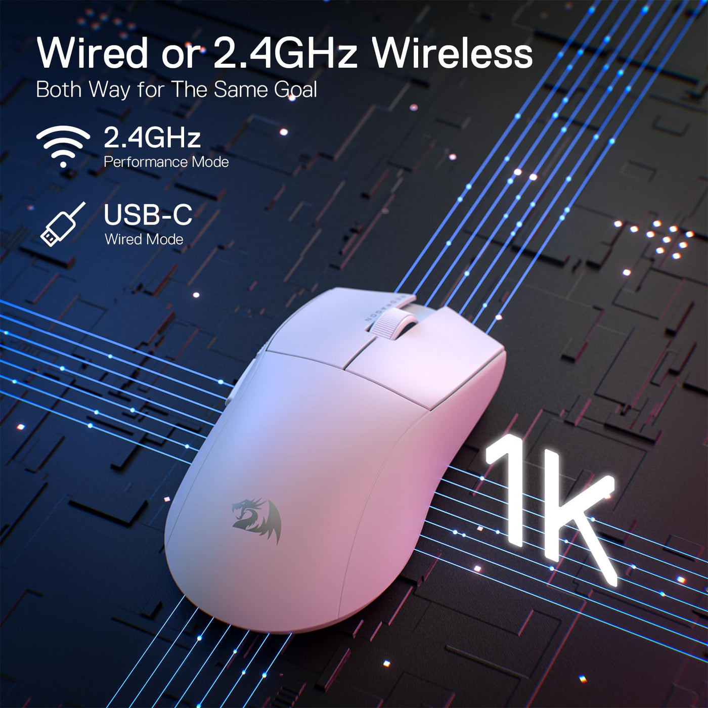 Redragon M916 Kabellose Gaming Maus, 49G Ultra-Light 8K DPI 2.4G Kabellose Gaming-Maus mit ergonomischem Griff, voll programmierbare Tasten, Software unterstützt DIY Keybinds & DPI, Weiß