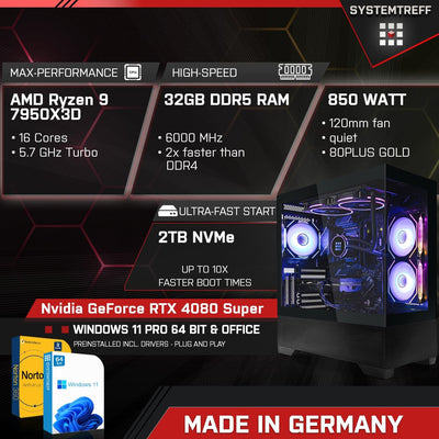 SYSTEMTREFF High-End Gaming PC AMD Ryzen 9 7950X3D 16x5.7GHz | Nvidia GeForce RTX 4080 Super 16GB DX12 | 2TB M.2 NVMe | 32GB DDR5 RAM | WLAN Desktop Computer Rechner für Gamer, Zocker & Streamer