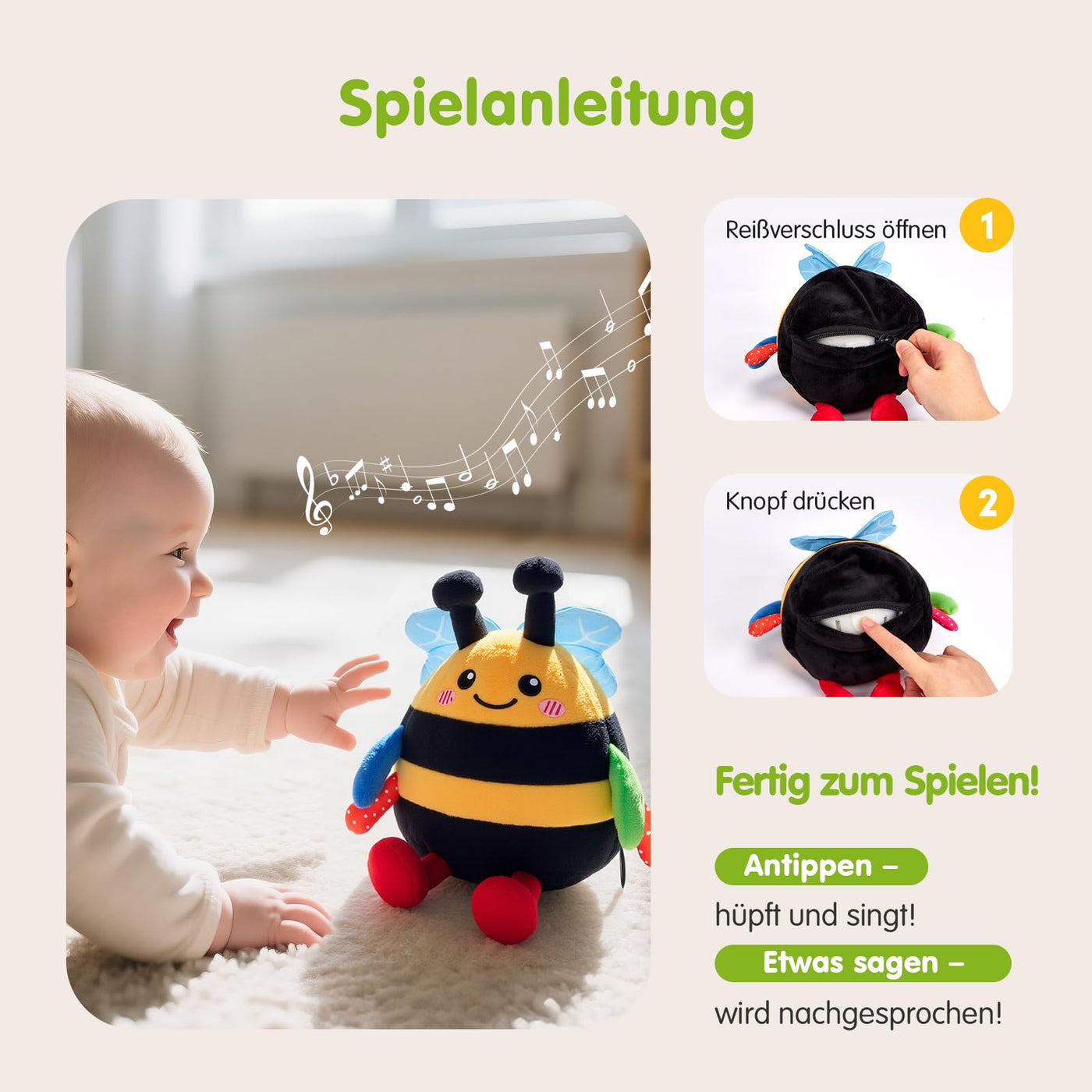 hahaland Baby Spielzeug 6 7 8 9 10 12 Monate,Biene Kuscheltier, Musikalische Spielzeuge ab 1 2 Jahr Mädchen Jungen,Krabbelspielzeug Tummy Time Toy, Neugeborenes Geschenk
