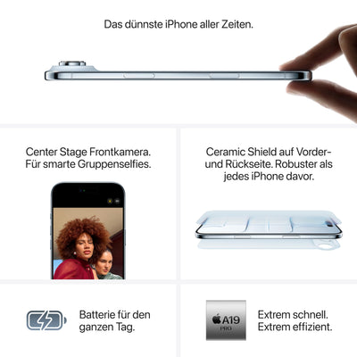 Apple iPhone Air 256 GB: Dünnstes iPhone Aller Zeiten, 6,5" Display mit Promotion bis zu 120 Hz, starker A19 Pro Chip, Center Stage Frontkamera, Batterie für den ganzen Tag; Space Schwarz