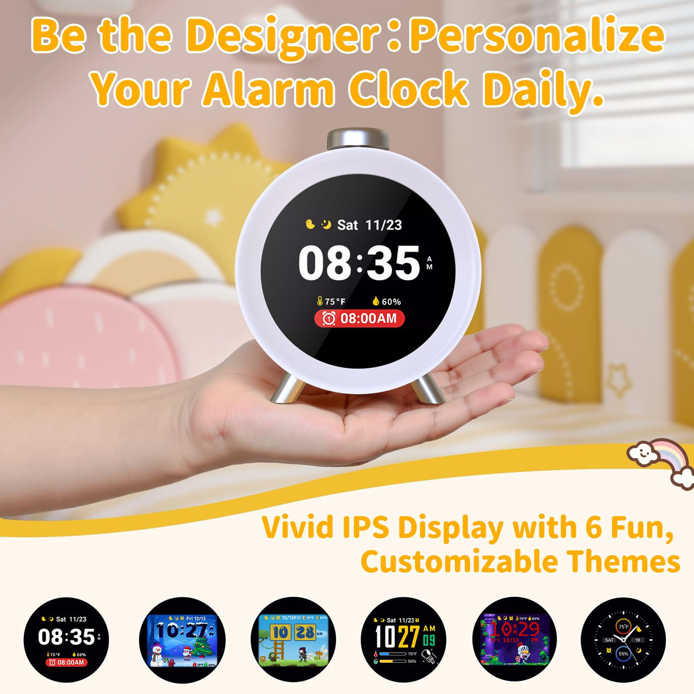 Dekala Kinderwecker mit IPS-Display, Interaktiven Themen & Animationen, Temperatur- & Feuchtigkeitssensor, Schlafgeräuschen, 4 Alarmen, Snooze-Funktion, Geschenkidee für Jungen & Mädchen